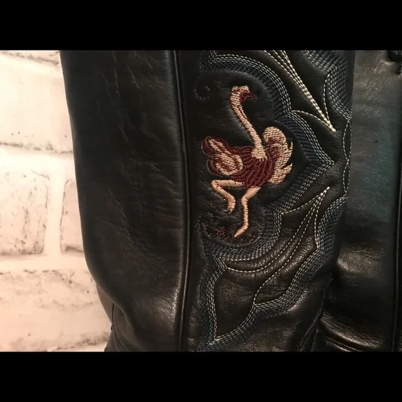 Rancho Mens Black Leather Ostrich embroidery Cowboy boot